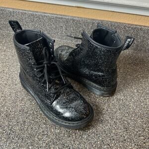 Dr Martens AirWair Combat Boot Womens Sz US 5 Black Leather Glitter Lace Up Shoe